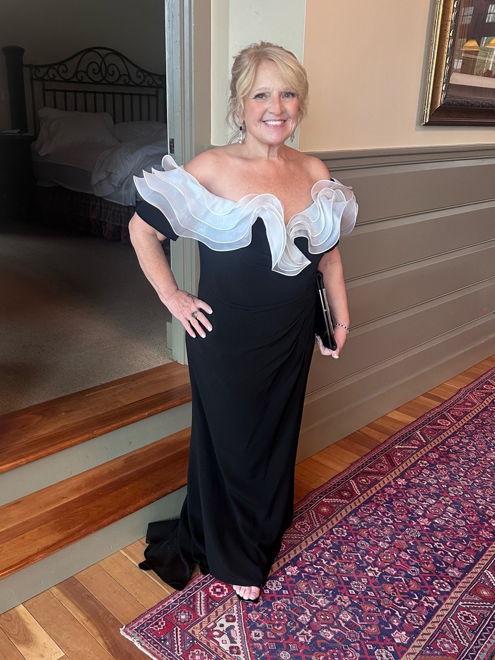 Elegant Off-Shoulder Black Dress with White Ruffle Trim